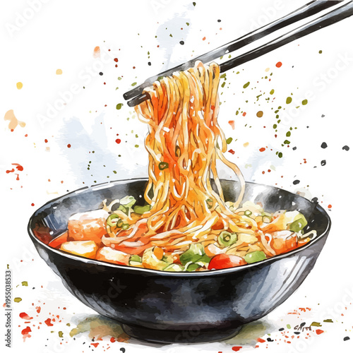 watercolor of Chow Mein, vector clipart, isolated on a white background.
