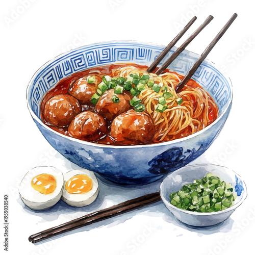 Chow Mein, illustration watercolor artwork with subtle gradients and elegant contours, isolated on a white background.