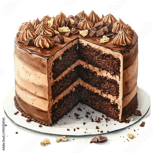 Chocolate Cake, illustration watercolor artwork with subtle gradients and elegant contours, isolated on a white background.