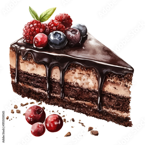 Chocolate Cake, illustration watercolor artwork with subtle gradients and elegant contours, isolated on a white background.