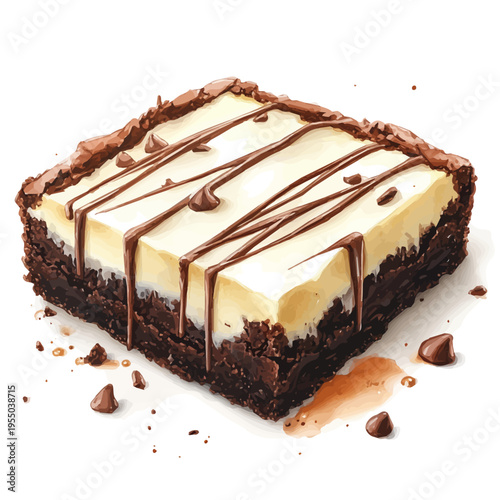 Cheesecake Brownie, illustration watercolor with dynamic strokes and balanced color harmony, isolated on a white background.