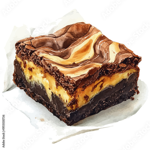 Cheesecake Brownie, watercolor with intricate brush textures and gentle highlights, isolated on a white background.