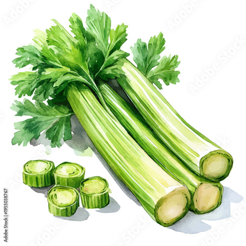 watercolor of Celery, vector clipart, isolated on a white background.