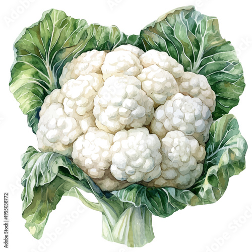 Cauliflower, illustration watercolor with playful splashes and delicate line details, isolated on a white background.