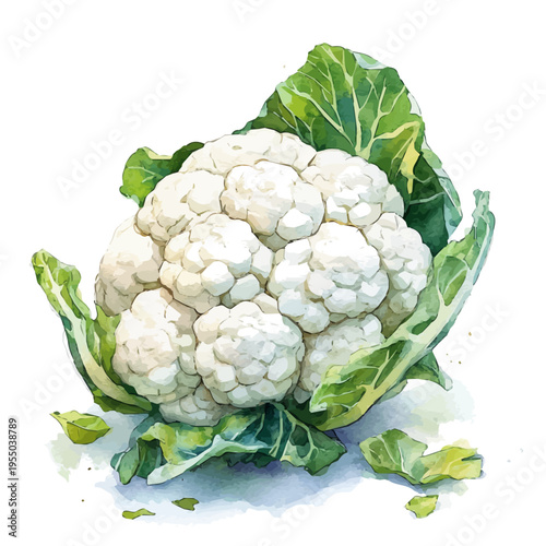 Cauliflower, illustration watercolor artwork with subtle gradients and elegant contours, isolated on a white background.
