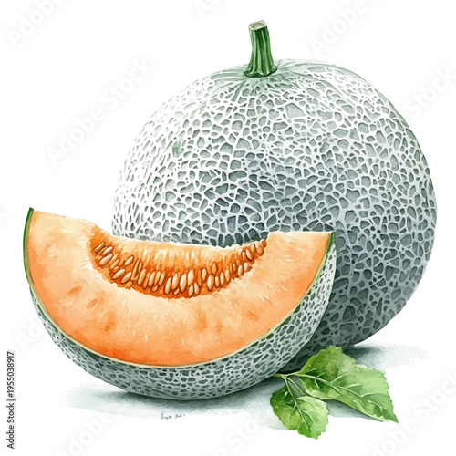 Cantaloupe, illustration watercolor artwork with subtle gradients and elegant contours, isolated on a white background.