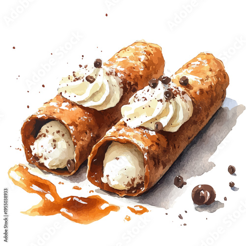 Cannoli, illustration watercolor with dynamic strokes and balanced color harmony, isolated on a white background.