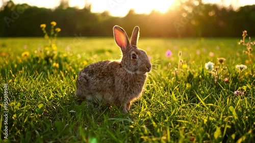 Soft focus shot of a rabbit grooming itself under the cover of tall grasses, conveying a sense of peace, self care, and vulnerability in the wild. Portraying the intimate, quiet moments of wildlife?