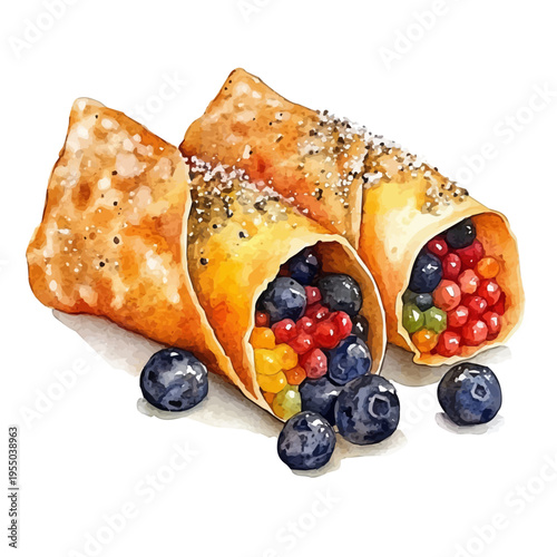 Cannoli, illustration watercolor with dynamic strokes and balanced color harmony, isolated on a white background.