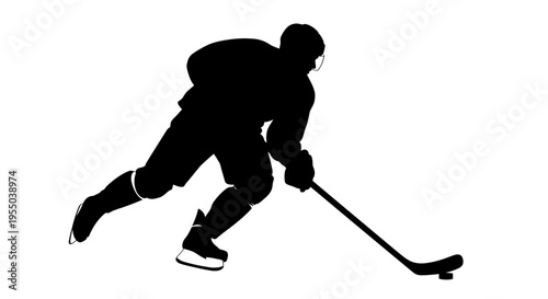 Silhouette of an Ice Hockey Player Skating with Puck
