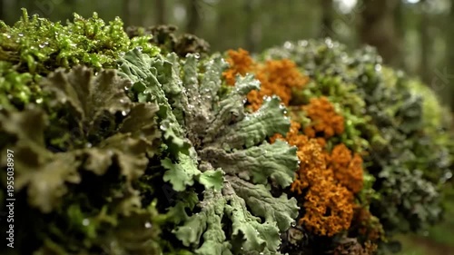Dynamic shot of lichen covered tree bark, emphasizing the organic textures and colors, with gentle light filtering through overhead foliage. Showcasing the beauty of natural decay and the living?