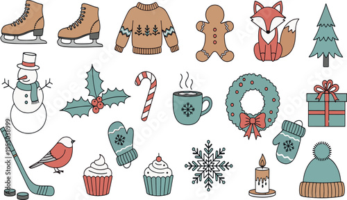 Cozy winter holiday season elements with snowman gingerbread man ice skates and festive christmas decorations hand drawn vector illustration doodle art