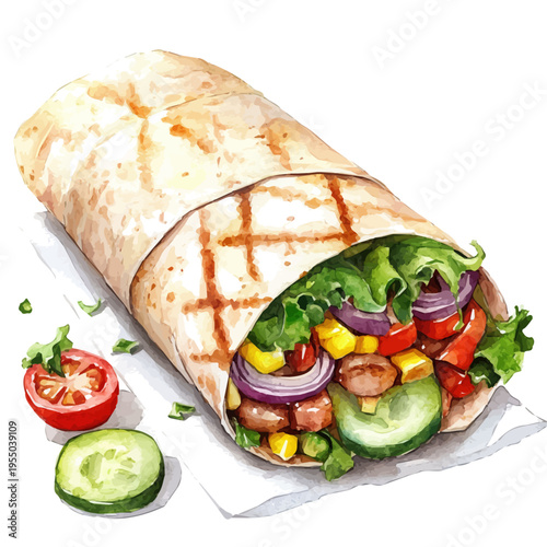 Burrito, watercolor with intricate brush textures and gentle highlights, isolated on a white background.