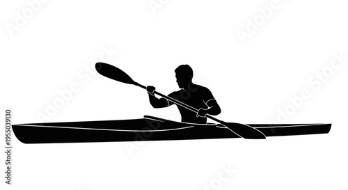 Black Silhouette of a Man Kayaking on White Background