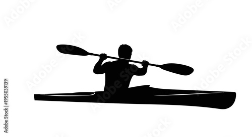 Silhouette of a Kayaker Paddling on White Background