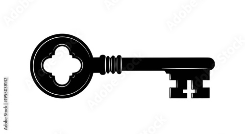 Vintage Skeleton Key Silhouette Isolated on White Background