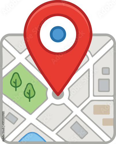 Flat vector illustration of a folded city map with a prominent red location pin marker, symbolizing navigation, GPS tracking, and map-based services.