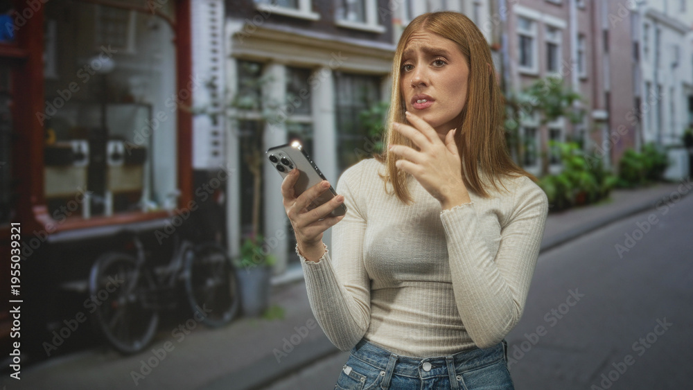 Fototapeta premium Woman holding smartphone with hand on chin gesture on a narrow city street with bicycles and storefronts visible; thoughtful hesitation.