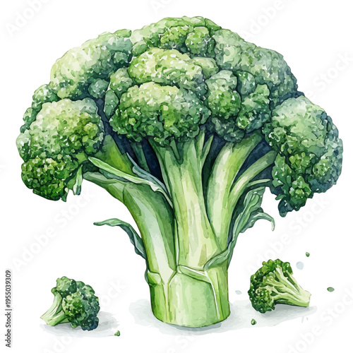 Broccoli, illustration watercolor artwork with subtle gradients and elegant contours, isolated on a white background.