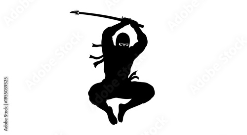 Black Silhouette of a Jumping Ninja Warrior with Katana Sword