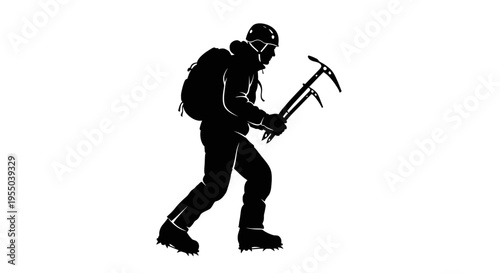 Silhouette of a Mountaineer with Ice Axes and Backpack