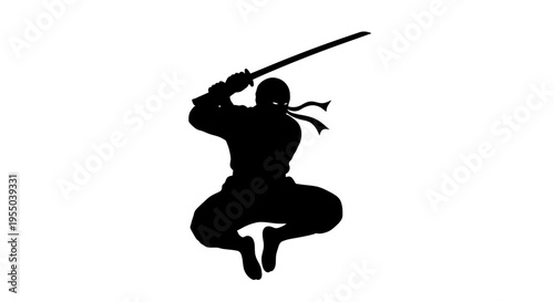 Black Silhouette of a Jumping Ninja Warrior with Katana Sword