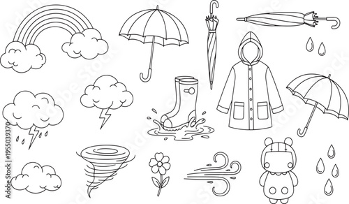 This collection features various weather elements and rainy day items including rainbows umbrellas clouds lightning and rain gear in hand-drawn vector illustration doodle art or icon set