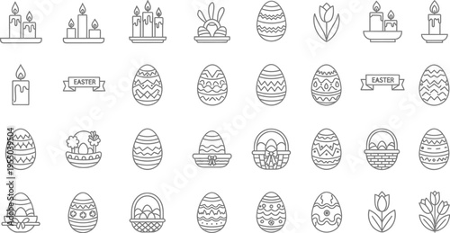 A collection of simple line art icons related to the Easter celebration features candles, banners, decorated eggs, tulips, and baskets organized in rows.