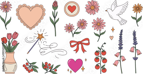 Hand drawn romantic garden elements with pink flowers hearts magic wand and cute dove bird in whimsical style vector illustration doodle art