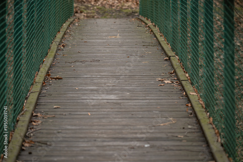 Canvas Print A wooden footbridge with green mesh on the sides.