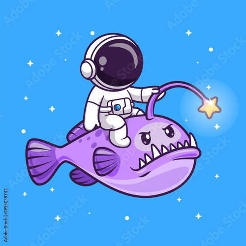 Cute Astronaut Riding Anglerfish Cartoon 