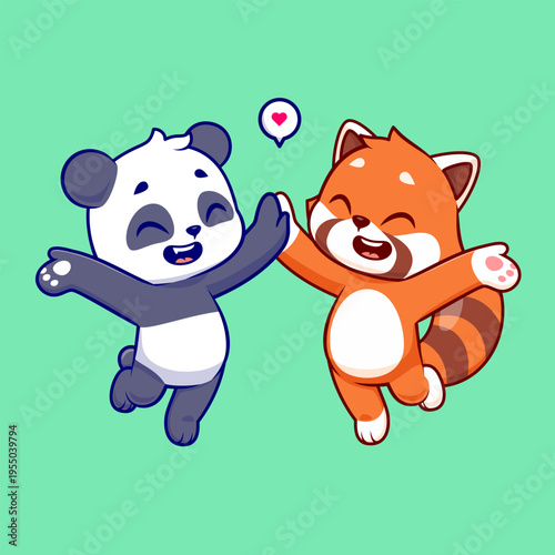 Cute Panda And Red Panda High Five Cartoon