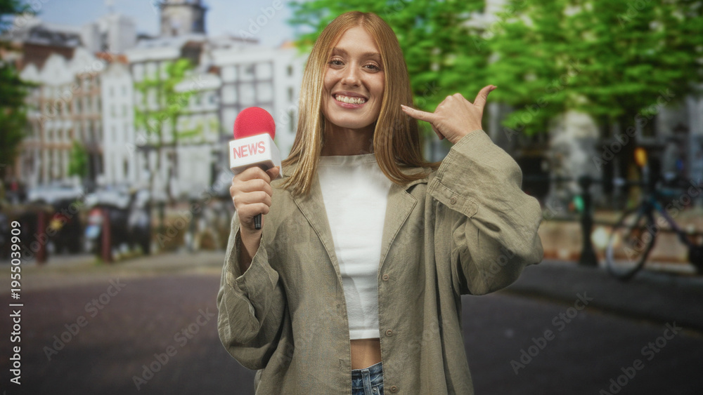 Fototapeta premium Woman redhead reporter holds news microphone and makes call me hand gesture on street by canal buildings; cheerful reporting.