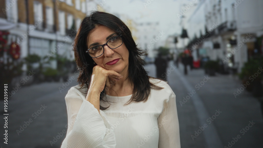 Fototapeta premium Hispanic woman wearing glasses and white blouse with hand on chin standing outdoors on city street; quiet reflection.