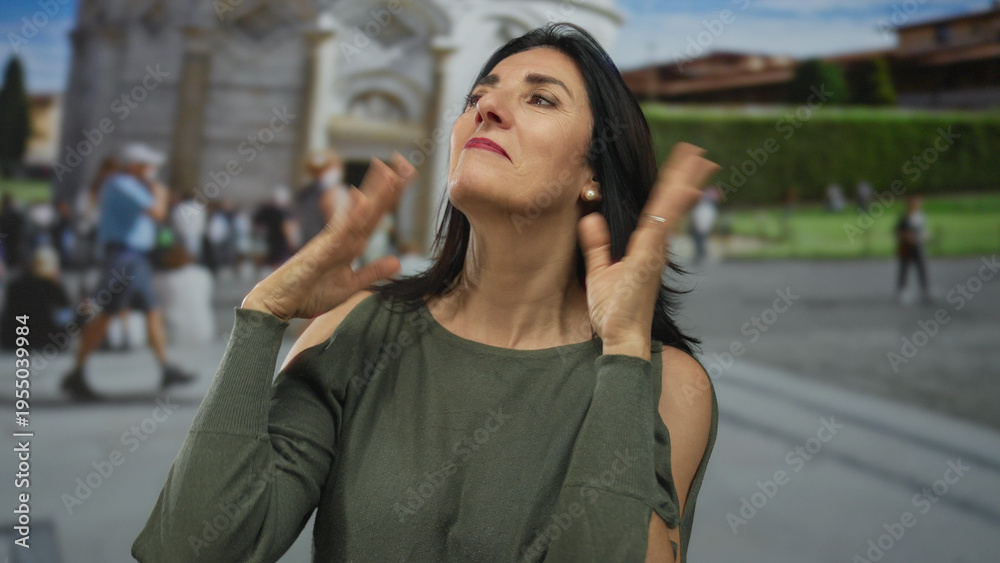 Fototapeta premium Woman with bare chin touches face at leaning tower building in crowded tourist plaza; contemplation.