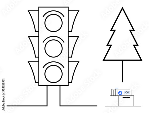 Traffic light concept. Traffic symbols combined with a tree and resume box, career decisions and environmental focus. Traffic light influencing career and environmental . For eco-careers, job