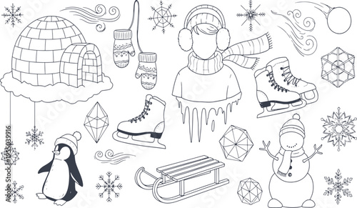 Winter Season Elements and Cold Weather Activities Featuring Igloo Penguin Snowman Sled and Ice Skates Hand Drawn Vector Illustration Doodle Art