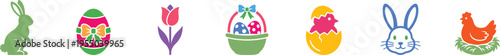 Easter icons bunny eggs flower chick holiday symbols