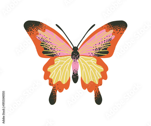 Colorful bold red butterfly with large bright textured wings. Hand drawn flower insect.