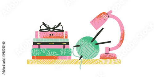 A bookshelf with fiction, non-fiction, encyclopedias, stacks of textbooks, a lamp and glasses. Home library, literature on bookshelf for education.