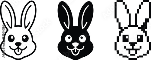 rabbit faces set featuring three distinct head designs including a clean outline, a solid black filled version, and a structured pixel art variation in monochrome