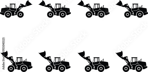 Collection of Black Silhouette Wheel Loader Icons on White Background Keywords: wheel loader, construction vehicle, heavy equipment, machinery, industrial, silhouette, icon, graphic, transport