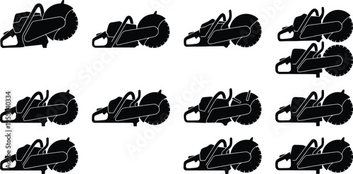 Assortment of Black Silhouette Cut- Off Saw Icons on White Background Keywords: cut-off saw, power tool, construction tool, industrial equipment, machinery, silhouette, icon, graphic, cutting
