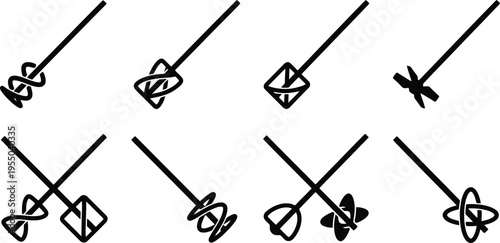 Set of Black Silhouette Mixer Attachment Icons on White Background Keywords: mixer attachment, mixing tool, impeller, agitator, stirrer, industrial mixer, paint mixer, concrete mixer, drill