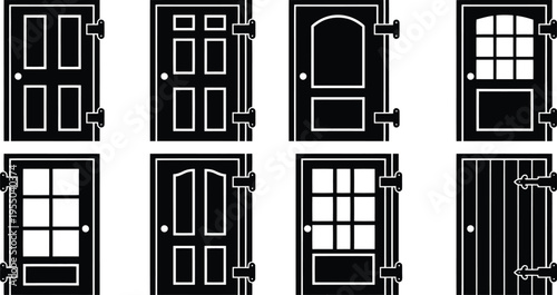 Variety of Black Silhouette Door Icons with Different Designs on White Background Keywords: door, entrance, exit, architectural element, building component, silhouette, icon, graphic, design, home