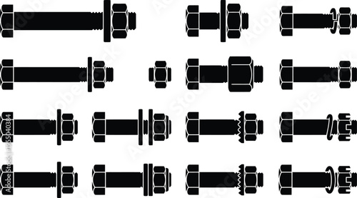 Assortment of Black Silhouette Bolt and Nut Icons with Various Types on White Background Keywords: bolt, nut, fastener, hardware, screw, threaded fastener, industrial hardware, construction