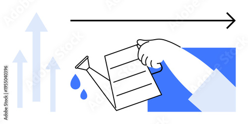 Business growth, personal development, success strategies, goal setting, productivity, innovation. A hand pouring water with a watering can, arrows pointing upwards. Growth and personal development