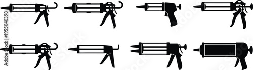 Collection of eight black silhouette caulking gun icons with different nozzle and trigger designs on a white background Keywords: caulking gun, sealant gun, adhesive gun, silicone gun, tool