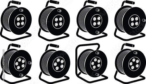 Eight black silhouette icons of portable cable reels with multiple sockets on a white background Keywords: cable reel, extension cord reel, cord organizer, electrical reel, power reel, tool