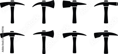 Set of black silhouette axe and pickaxe icons with wooden handles Keywords: axe, pickaxe, tool, construction, demolition, woodcutting, farming, gardening, hardware, equipment, safety, rescue, fire
